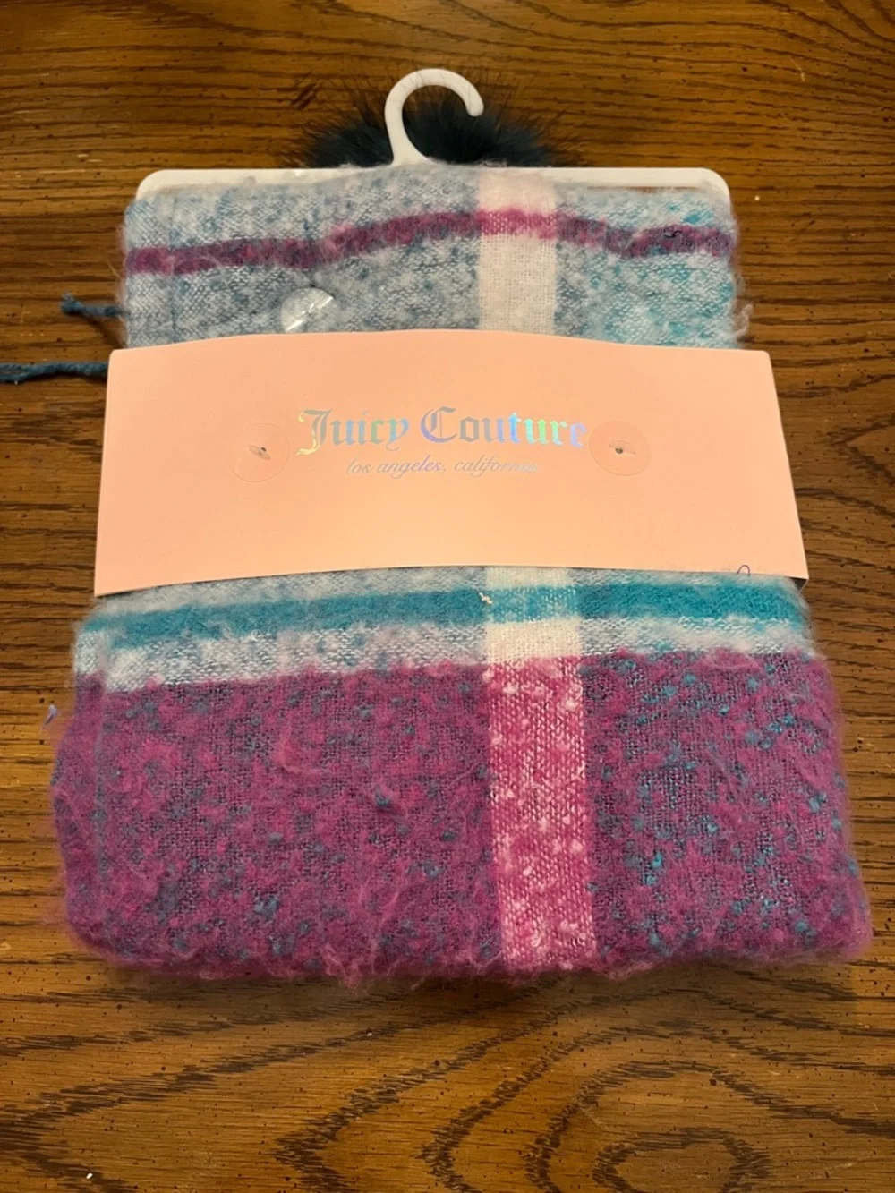 Juicy Couture Teal Knit Pom Hat‎ with Pastel Multicolor Scarf, new